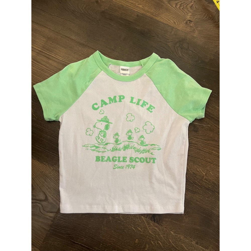 Peanuts Snoopy Camp Life Beagle Scout Raglan Graphic Baby Tee Green White XS 0/2